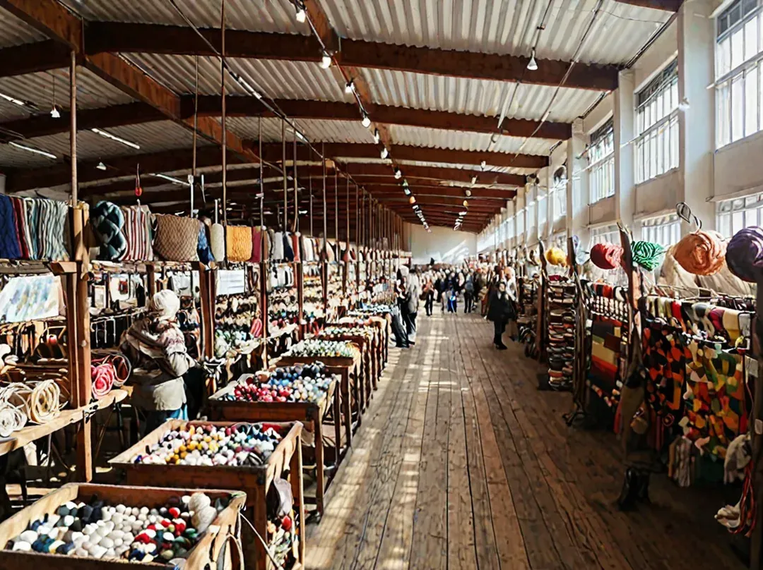 Intérieur du Salon des Créateurs : stands d’exposants lainiers, fils colorés, visiteurs