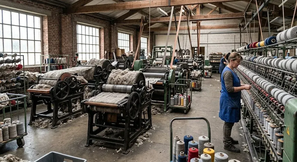 Filature de laine en fonctionnement : métiers à carder et filer, bobines de fil