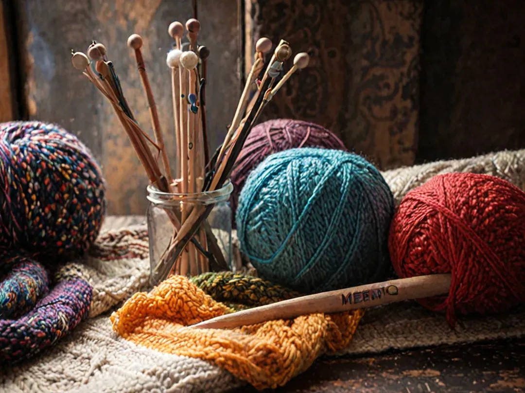 Knitting accessories and Merino wool skeins