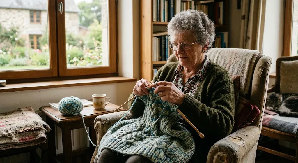 Woman knitting a sweater with needles