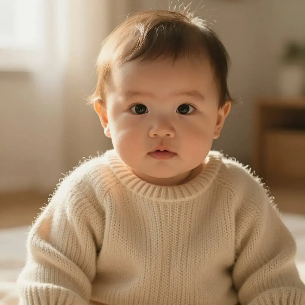 Bébé en pull tricoté avec de la laine mérinos