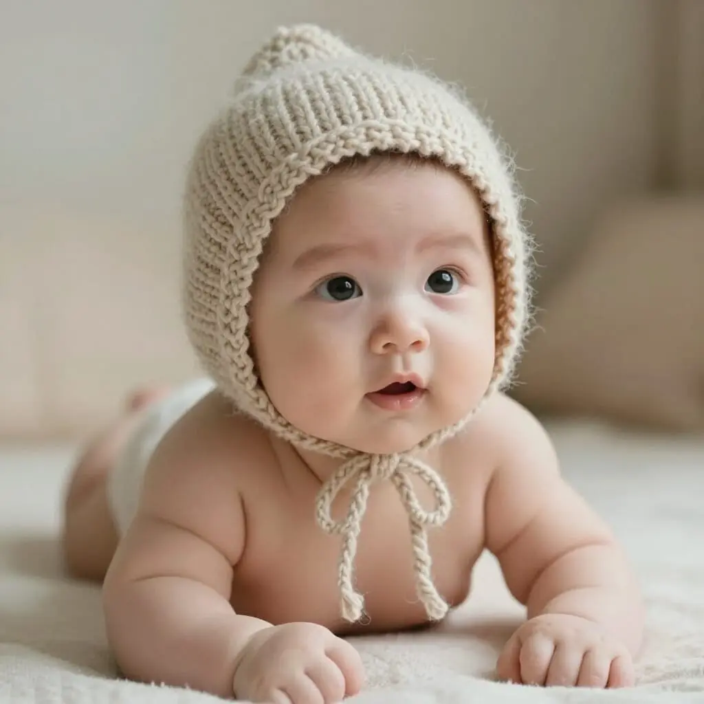 Bébé portant un bonnet tricoté main en laine douce, ambiance chaleureuse et cosy