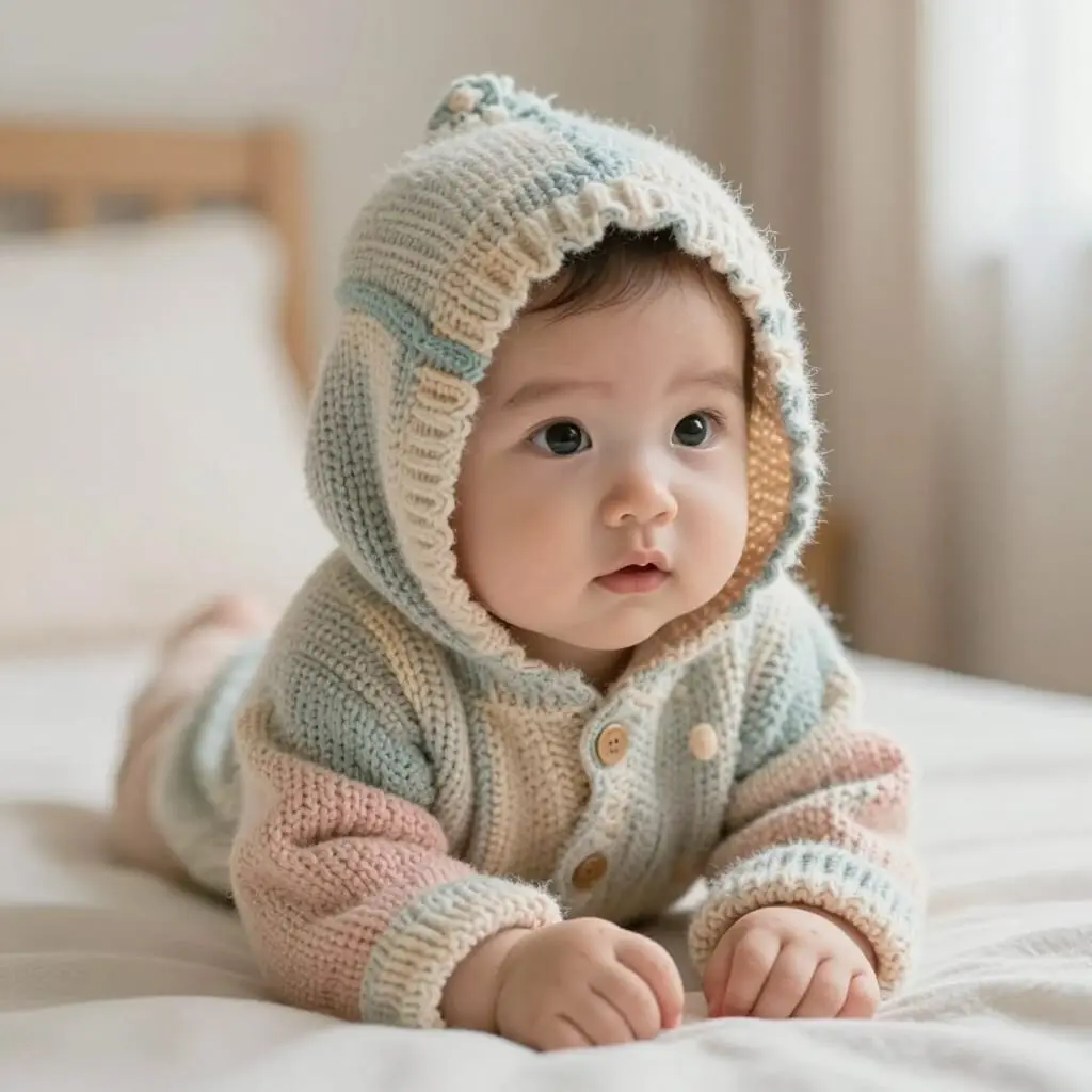 Bébé portant un pull tricoté main en laine douce
