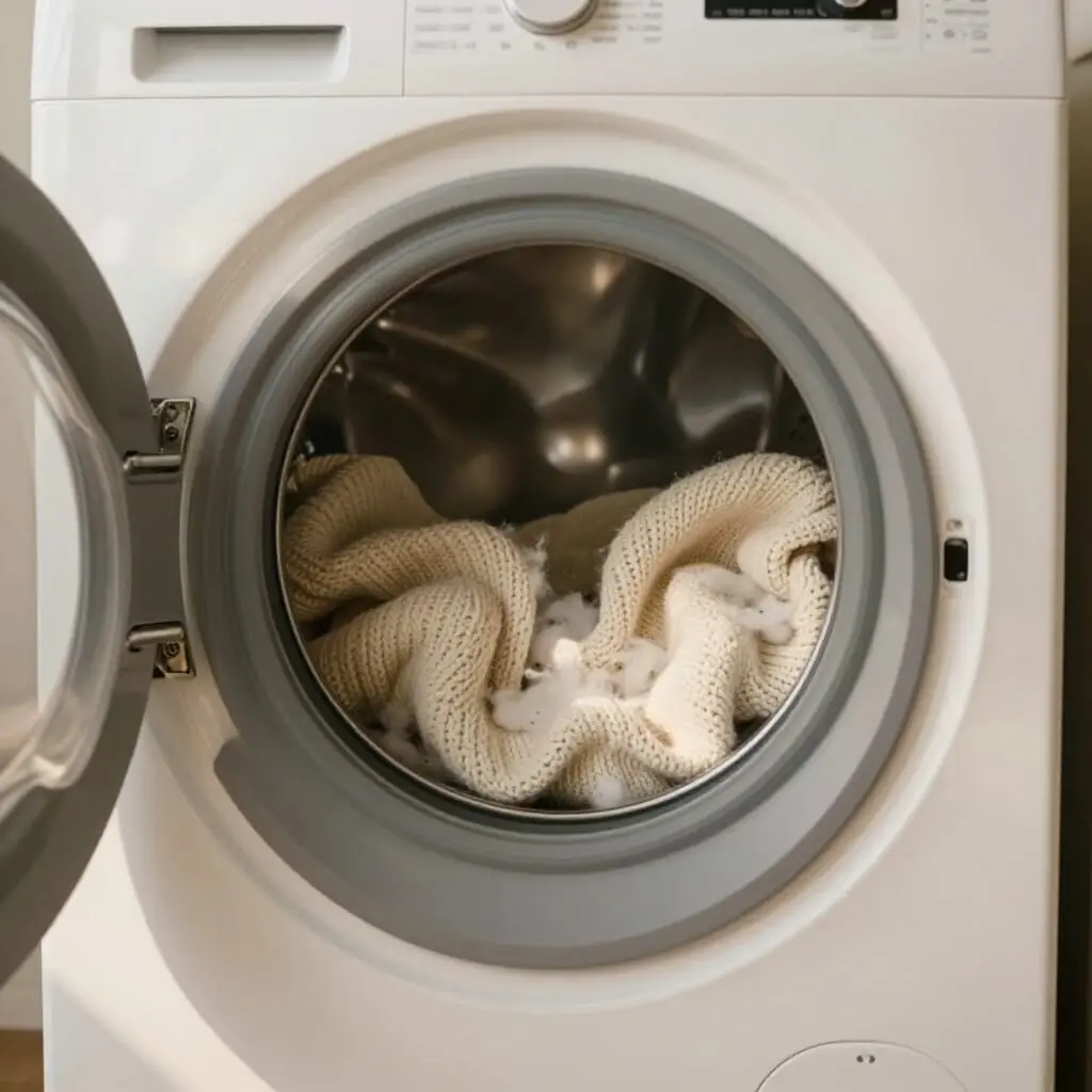 Lave-linge moderne en train de laver un pull en laine lavable en machine